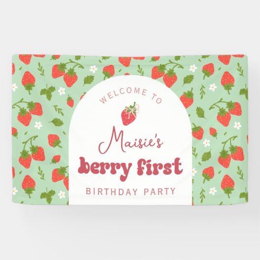 Aardbei Eerste Verjaardagsfeest Achtergrond Spandoek (Horizontaal)