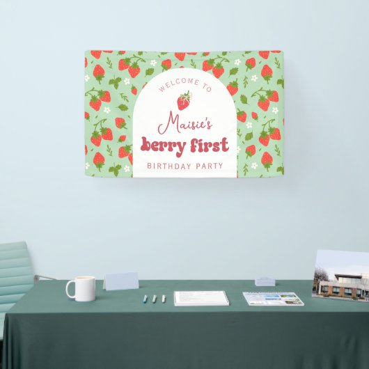 Aardbei Eerste Verjaardagsfeest Achtergrond Spandoek (Beurs)