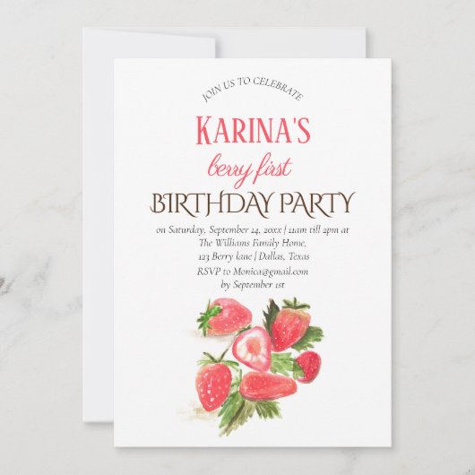 Aardbei Eerste Verjaardagsfeestje Berry 1st Kaart (Voorkant)