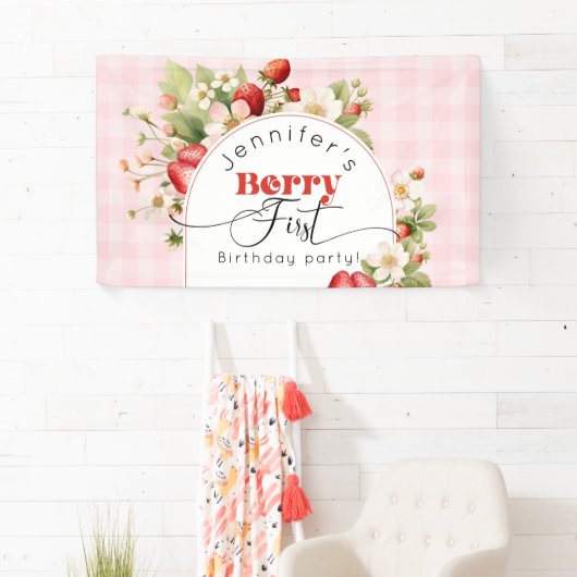 Aardbei eerste verjaardagsfeestje spandoek (Insitu)