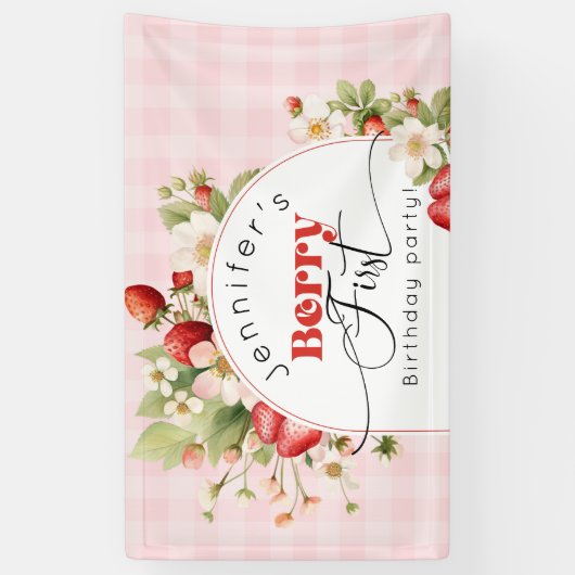 Aardbei eerste verjaardagsfeestje spandoek (Verticaal)