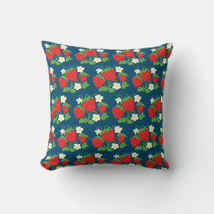 Aardbei en Bloem Blauw Patroon Kussen