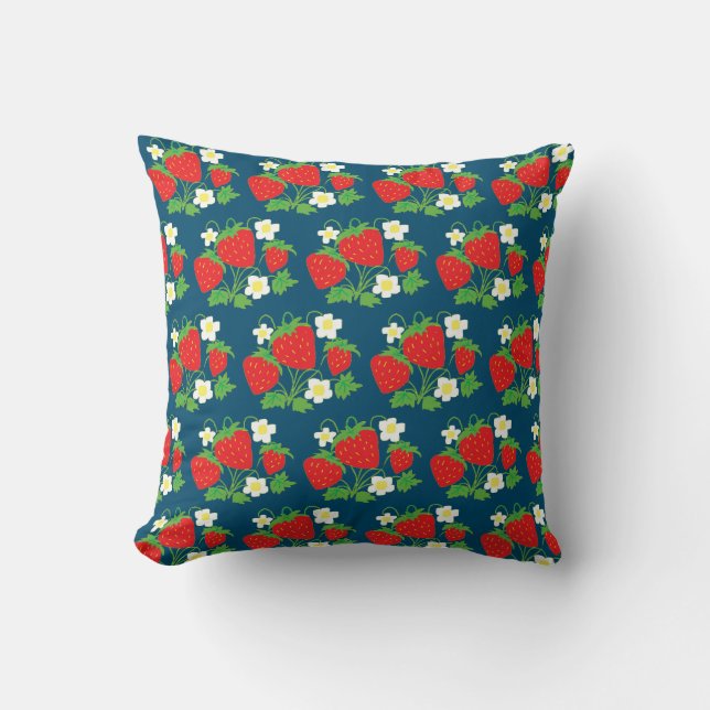 Aardbei en Bloem Blauw Patroon Kussen (Voorkant)