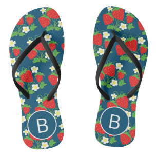 Aardbei en Bloem Blauw Patroon Met Initiaal Teenslippers
