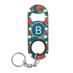Aardbei en Bloem Blauw Patroon met Monogram Mini Flessenopener
