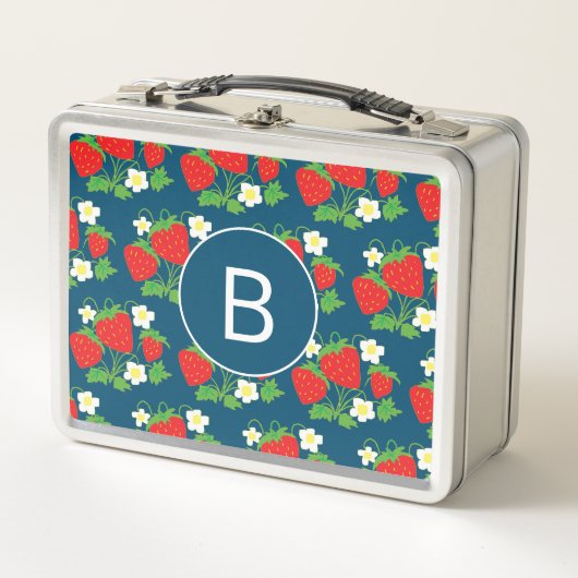 Aardbei en Bloem Blauw Patroon Monogram (Voorkant)