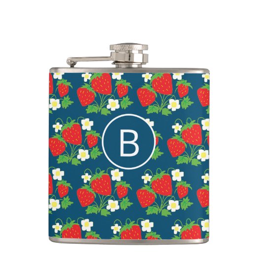 Aardbei en Bloem Blauw Patroon Monogram Heupfles (Voorkant)