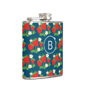 Aardbei en Bloem Blauw Patroon Monogram Heupfles (Rechts)