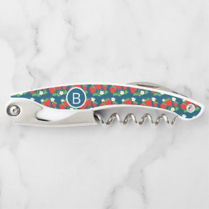 Aardbei en Bloem Blauw Patroon Monogram Kurkentrekker