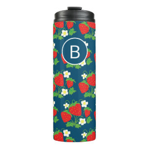 Aardbei en Bloem Blauw Patroon Monogram Thermosbeker