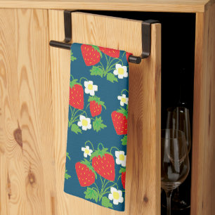 Aardbei en Bloem Blauw Patroon Theedoek