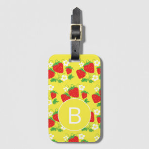 Aardbei en Bloem Geel Patroon Met Monogram Bagagelabel