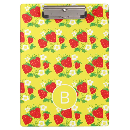 Aardbei en Bloem Geel Patroon met Monogram Klembord (Voorkant)