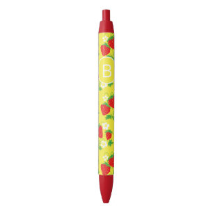 Aardbei en Bloem Geel Patroon Met Monogram Zwarte Inkt Pen