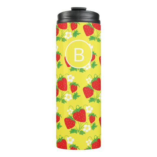 Aardbei en Bloem Geel Patroon Monogram Thermosbeker (Voorkant)