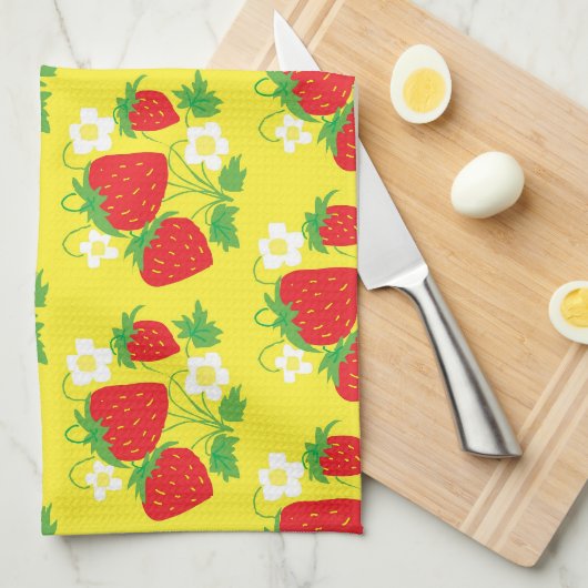 Aardbei en Bloem Geel Patroon Theedoek (Quarter Fold)