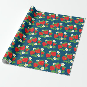 Aardbei en Bloemen Patroon Blauw Cadeaupapier