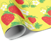 Aardbei en Bloemen Patroongeel Cadeaupapier (Rol Hoek)