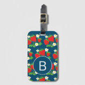 Aardbei- en bloemenblauw patroon bagagelabel (Voorkant (verticaal))