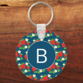 Aardbei- en bloemenblauw patroon sleutelhanger (Voorkant)