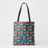 Aardbei- en bloemenblauw patroon tote bag (Voorkant)