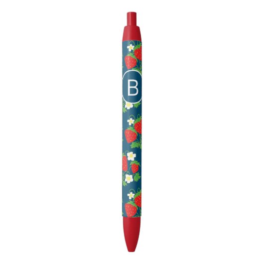Aardbei- en bloemenblauw patroon zwarte inkt pen (Voorkant Verticaal)