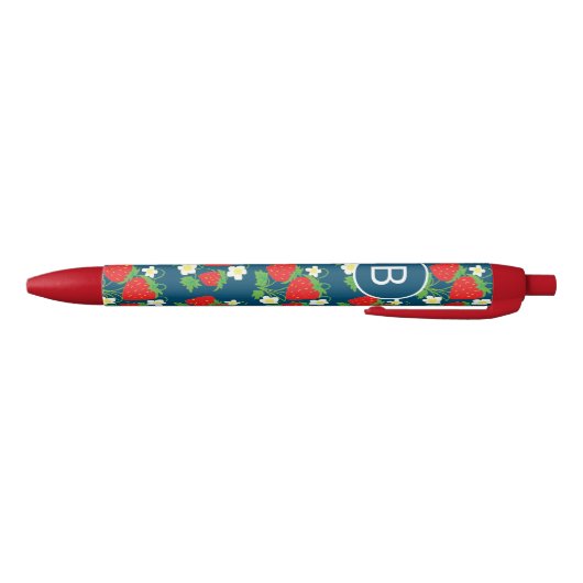 Aardbei- en bloemenblauw patroon zwarte inkt pen (Bodem)