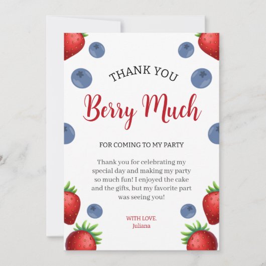 Aardbei en Blueberry Meisje Verjaardagsfeest Bedankkaart (Voorkant)