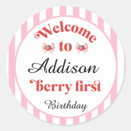 Aardbei en boog Berry Eerste Verjaardag Ronde Sticker