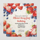 Aardbei en bosbes eerste verjaardag kaart (Voorkant / Achterkant)