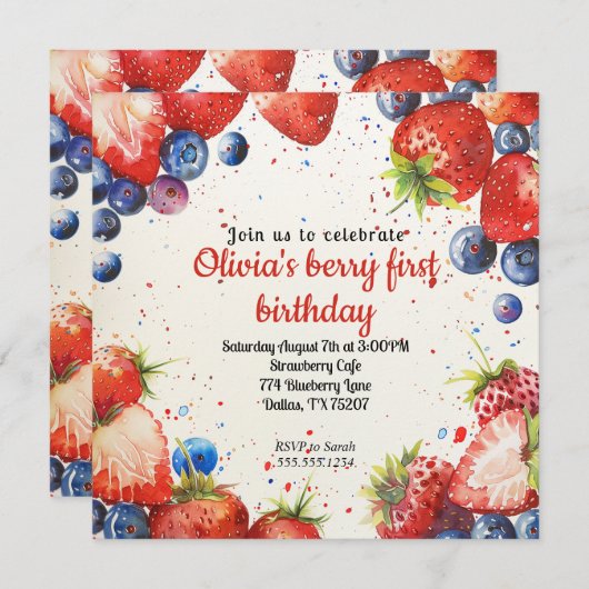 Aardbei en bosbes eerste verjaardag kaart (Voorkant / Achterkant)