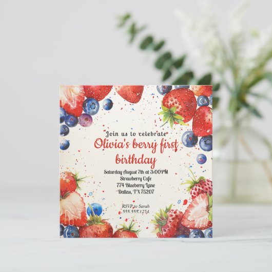 Aardbei en bosbes eerste verjaardag kaart (Staand voorkant)