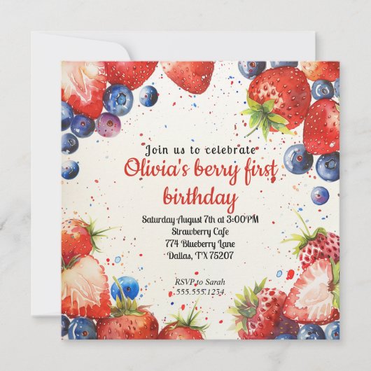 Aardbei en bosbes eerste verjaardag kaart (Voorkant)
