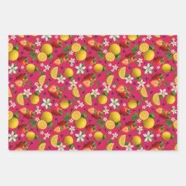 Aardbei en Citroen Patroon met Bloemen met Liefde Inpakpapier Vel