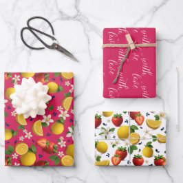 Aardbei en Citroen Patroon met Bloemen met Liefde Inpakpapier Vel