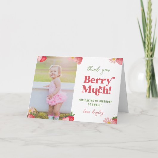 Aardbei en Daisy Pastel Foto Meisjes Verjaardag Bedankkaart (Voorkant)