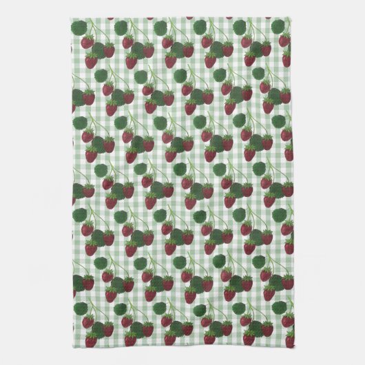 Aardbei en Gingham keukenhanddoek (Verticaal)