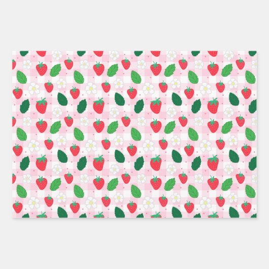Aardbei en Gingham Roze & Groen Inpakpapier (Voorkant)