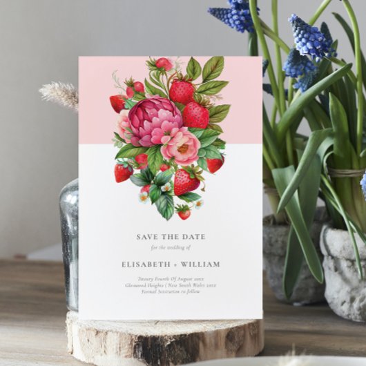 Aardbei en Peonies Summer Weddenschap Bewaar datum Kaart