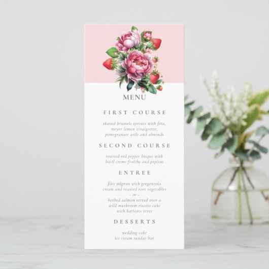 Aardbei en pioenrozen Zomer Bruiloft Menu (Staand voorkant)