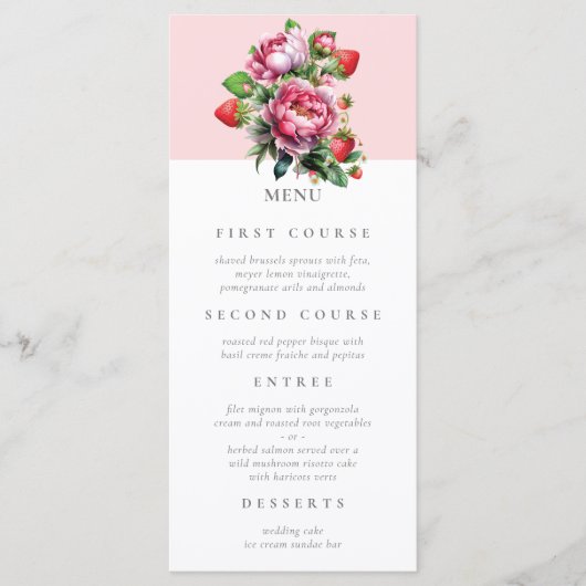 Aardbei en pioenrozen Zomer Bruiloft Menu (Voorkant)