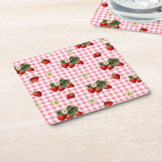 Aardbei en rode gingham schattig papier kartonnen onderzetters (Schuin)