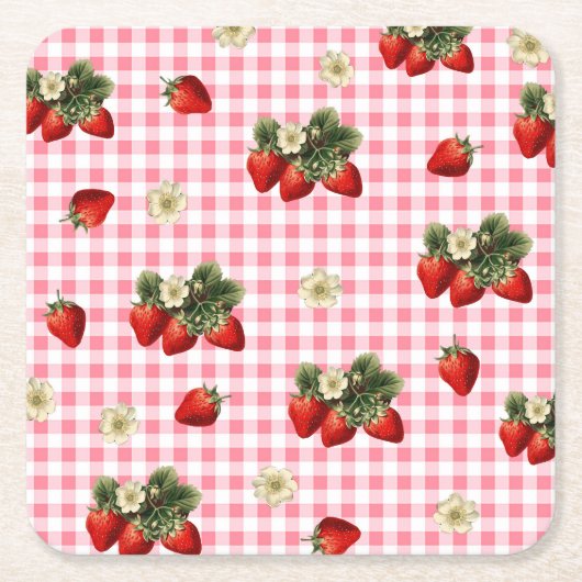 Aardbei en rode gingham schattig papier kartonnen onderzetters (Voorkant)