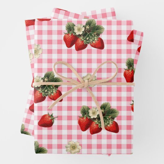 Aardbei en rode gingham schattige cadeau wrap shee inpakpapier vel (In situ)