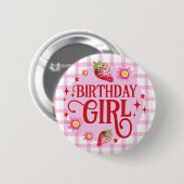 Aardbei en Roze Gingham Verjaardag Meisje Ronde Button 5,7 Cm (Voorkant /achterkant)