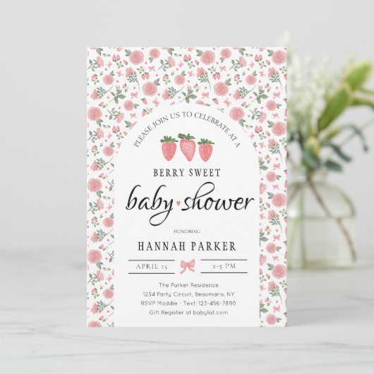 Aardbei en Rozen Baby shower Uitnodiging (Staand voorkant)