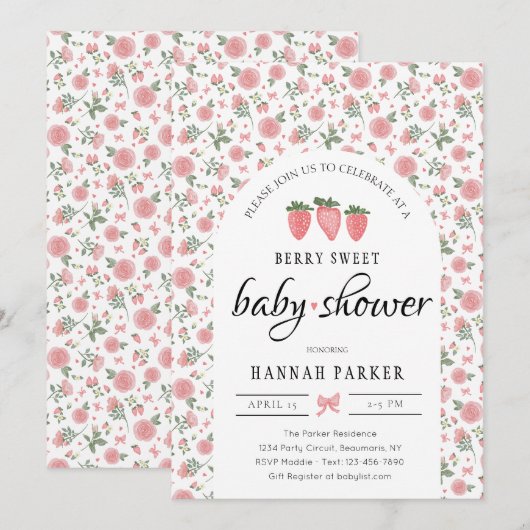 Aardbei en Rozen Baby shower Uitnodiging (Voorkant / Achterkant)