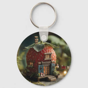 Aardbei Feeënhuis met Miniatuur Waslijn Sleutelhanger