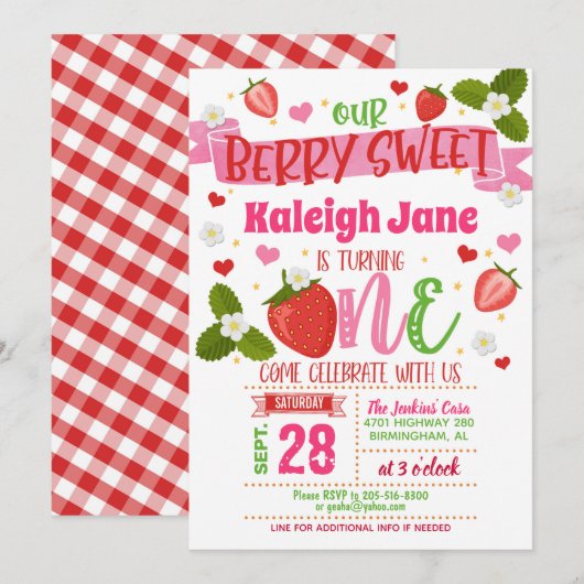 Aardbei First Birthday Invitation - ONE - CWU Kaart (Voorkant / Achterkant)