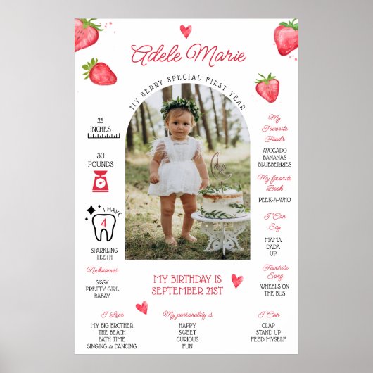 Aardbei foto eerste verjaardag mijlpaal poster (Voorkant)